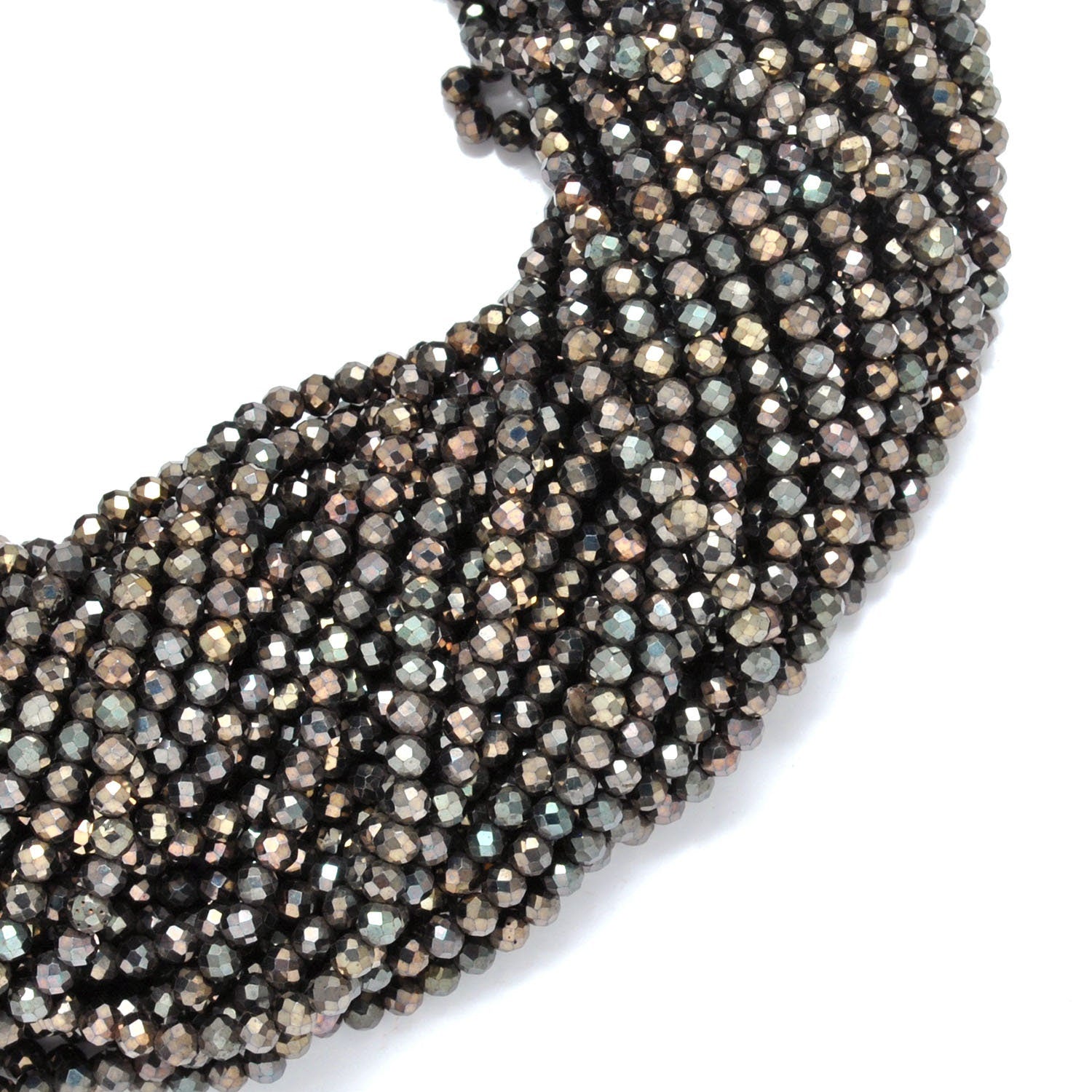 Brown Pyrite Faceted Round Gemstone Beads 3-3.5mm 12.5" Strand - SAR Gems