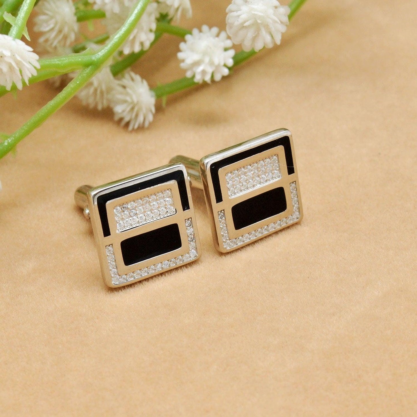 925 Sterling Silver Cufflinks with CZ Stones - Sar Gems