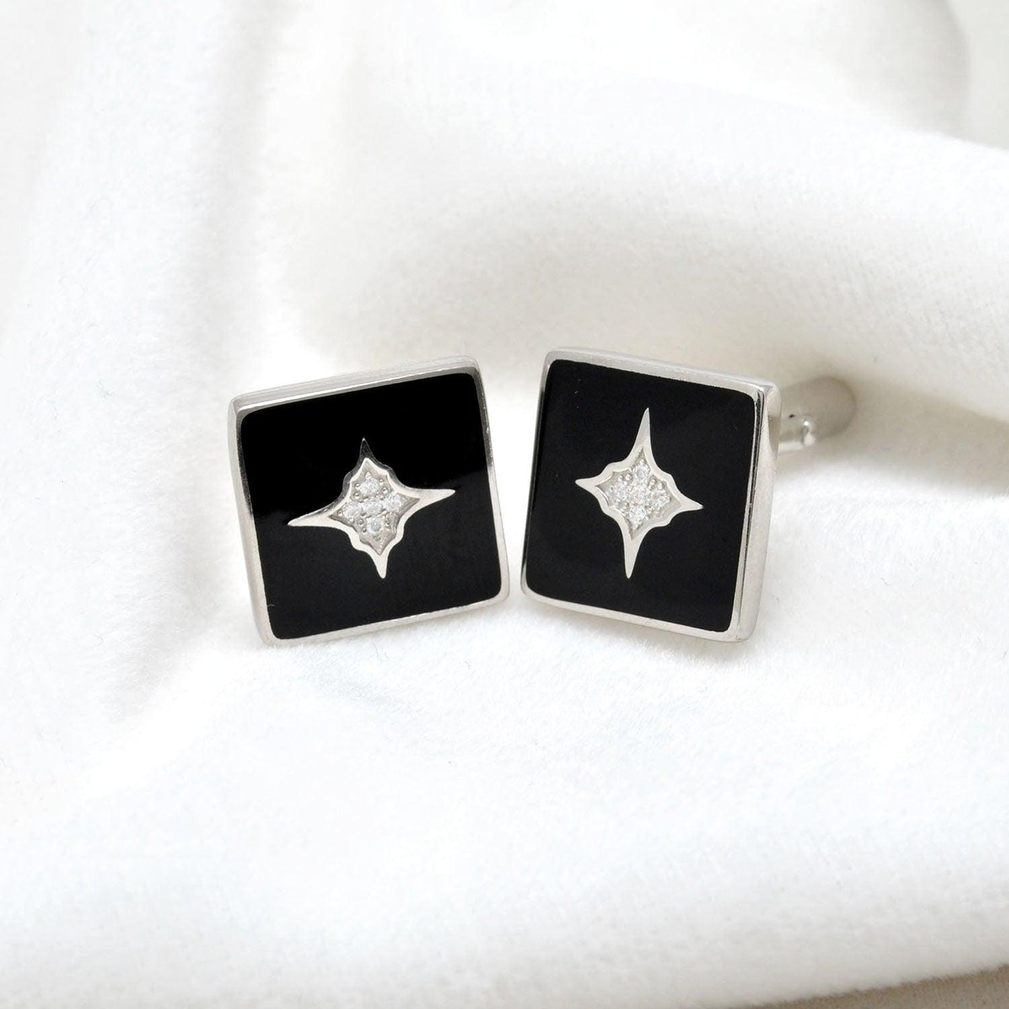 925 Sterling Silver Cubic Zirconia Starburst Black Cufflinks Jewelry - Sar Gems