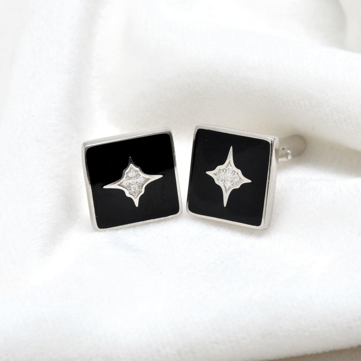 925 Sterling Silver Cubic Zirconia Starburst Black Cufflinks Jewelry - Sar Gems