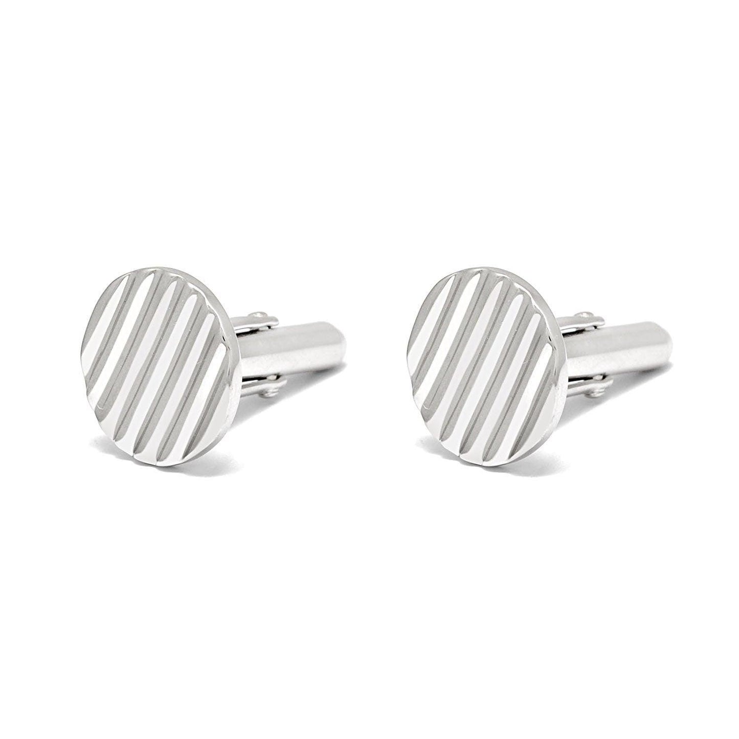 925 Sterling Silver Round Striped Cufflink - Sar Gems