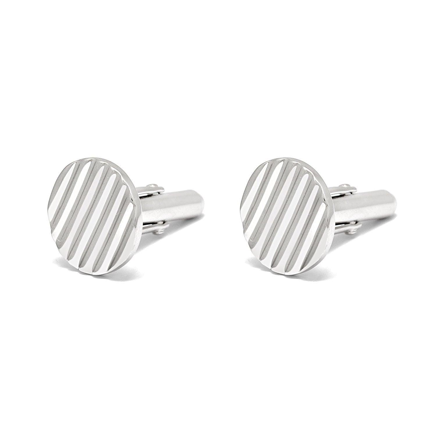 925 Sterling Silver Round Striped Cufflink - Sar Gems