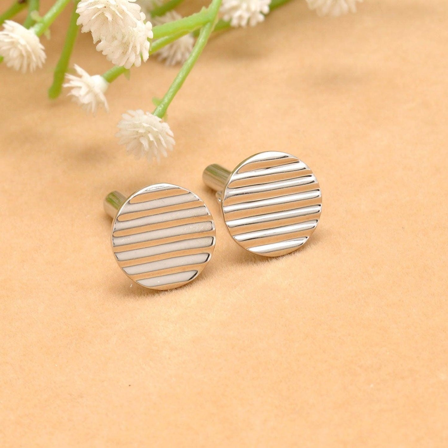 925 Sterling Silver Round Striped Cufflink - Sar Gems