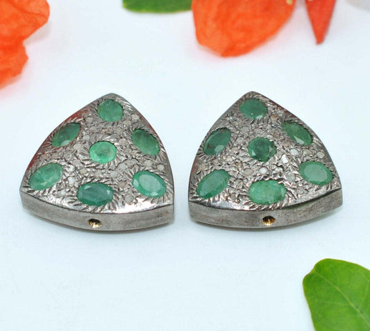 925 Sterling Silver Pave Diamond & Emerald Trillian Shape Beads