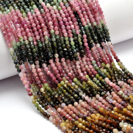 Natural Multi Tourmaline Round Faceted Gemstone Beads 13" Strand - SAR Gems
