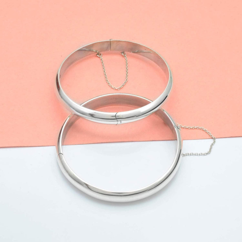 Silver Hinged Bangle Bracelet with Security Chain - 8mm/9mm