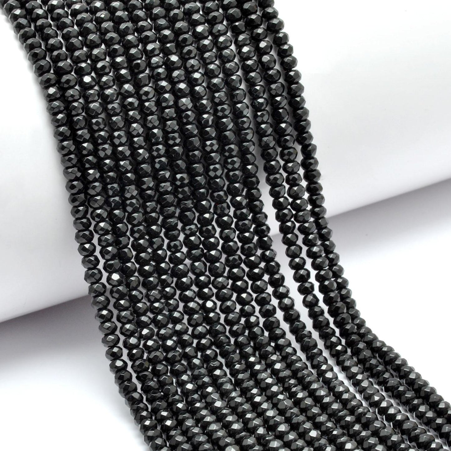 Black Onyx Rondelle Faceted Gemstone Beads 14" Strand - SAR Gems