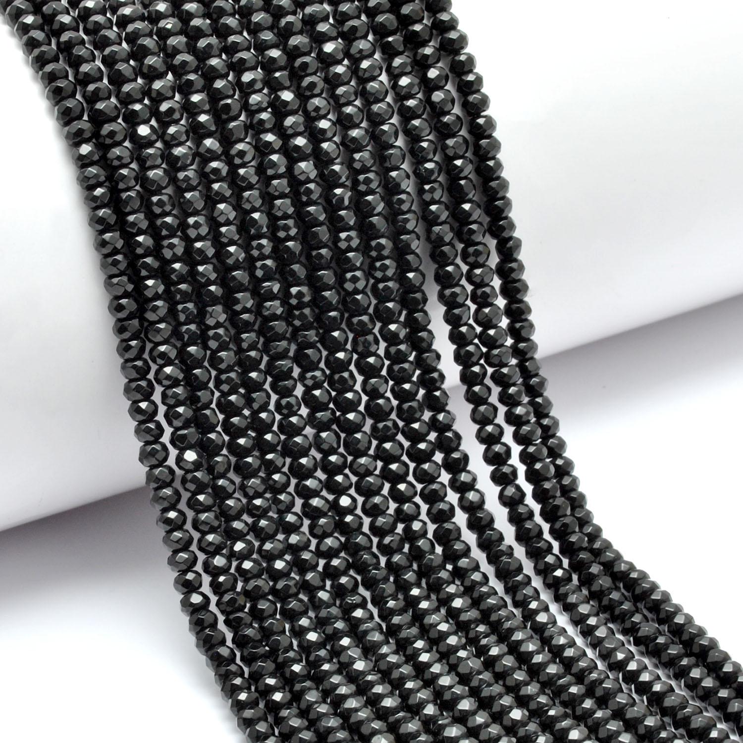 Black Onyx Rondelle Faceted Gemstone Beads 14" Strand - SAR Gems