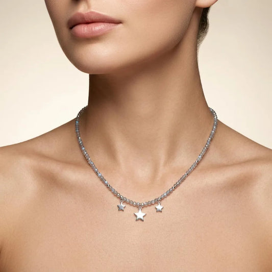 Labradorite Beaded Sterling Silver Charm Necklace