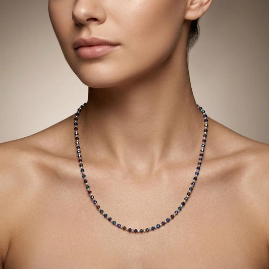 Black Spinel Blue Mystic Coated Silver Beaded Charm Necklace