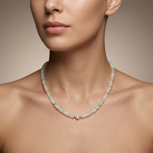925 Sterling Silver Opal & Freshwater Pearl Beaded Necklace