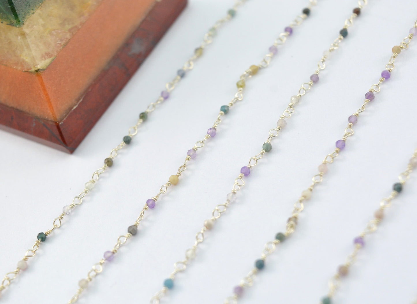 925 Silver Gold Rosary Chain with Multi Stone - 2mm