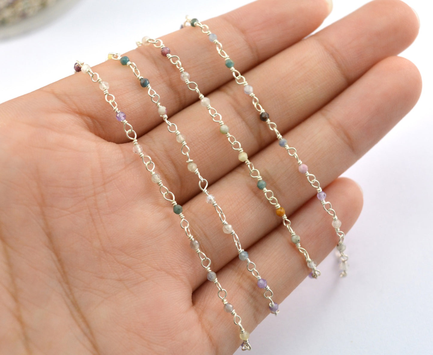 925 Silver Gold Rosary Chain with Multi Stone - 2mm