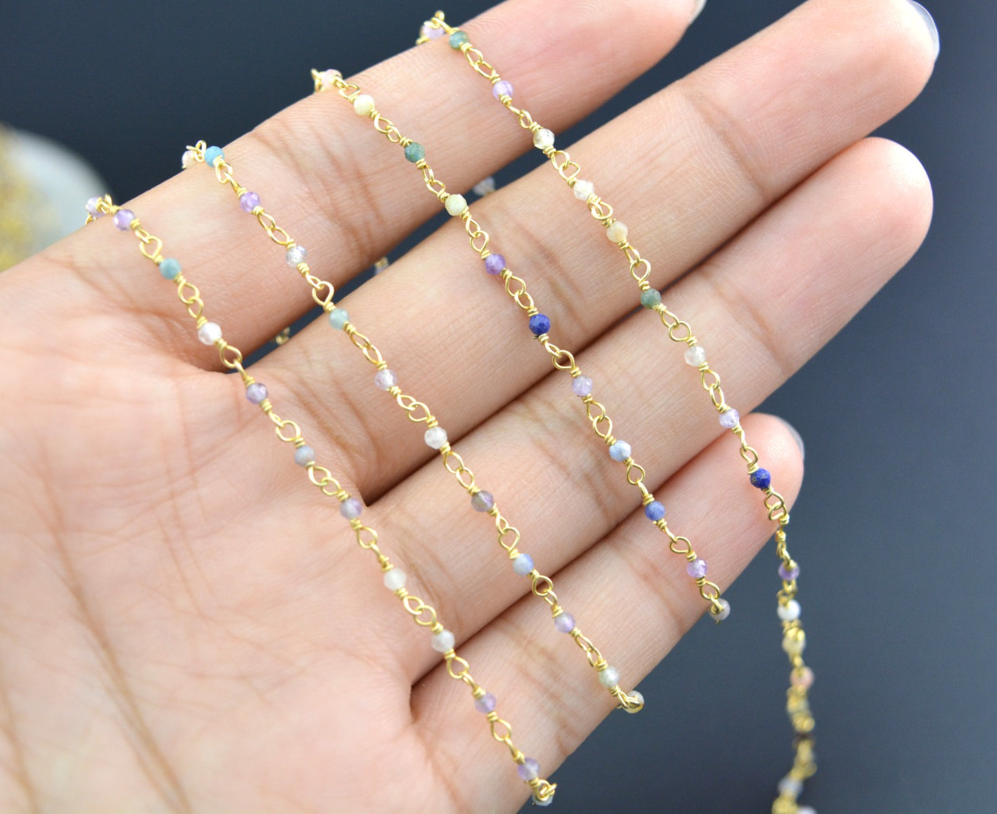 925 Silver Gold Rosary Chain with Multi Stone - 2mm