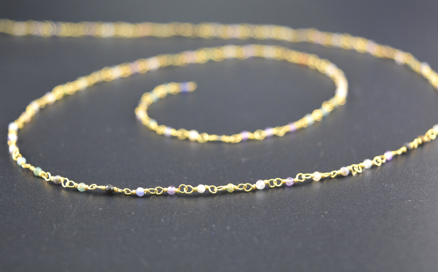 925 Silver Gold Rosary Chain with Multi Stone - 2mm