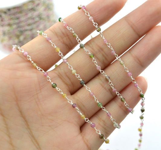 Multi Tourmaline Rosary Chain, 925 Sterling Silver, 2mm Faceted - view 3