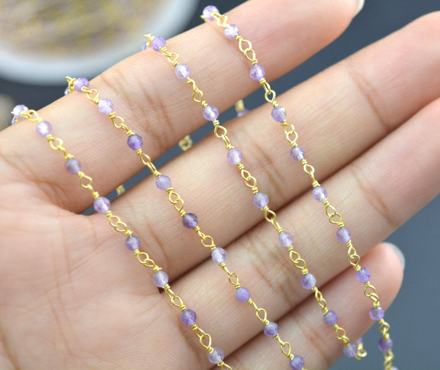 Artisan 925 Silver Gold Rosary Chain - Amethyst 2mm