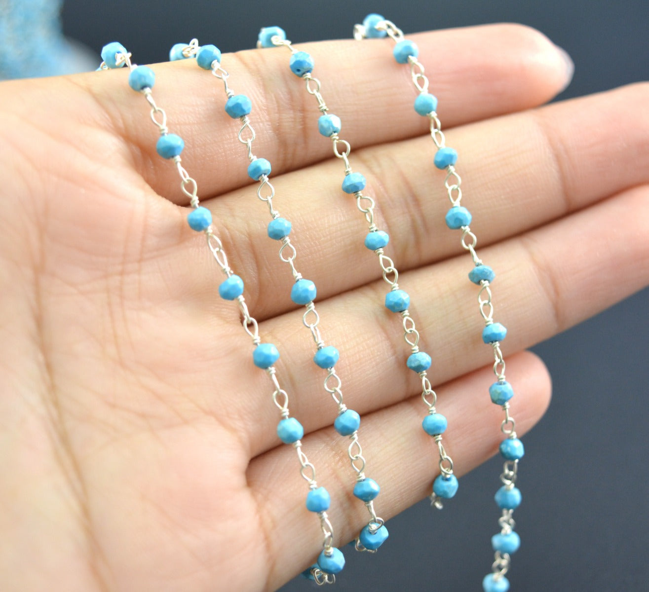 Stylish Turquoise Rosary Chain in 925 Silver - 2mm