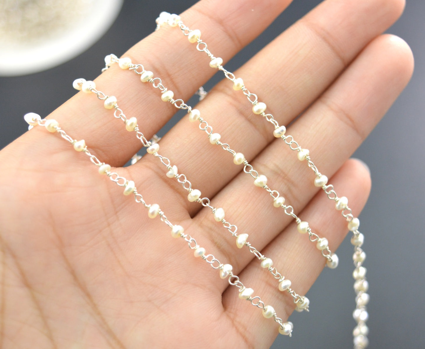 Unique 925 Silver Gold Rosary Chain - Pearl 2mm