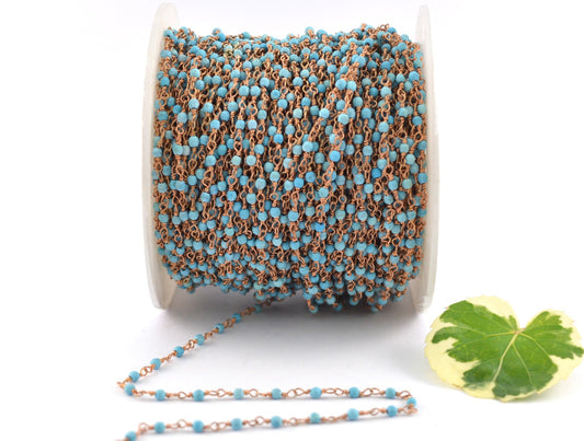 Turquoise Rosary Chain - 925 Silver Gold, 2mm