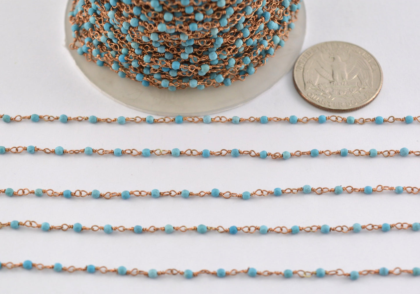 Turquoise Rosary Chain - 925 Silver Gold, 2mm