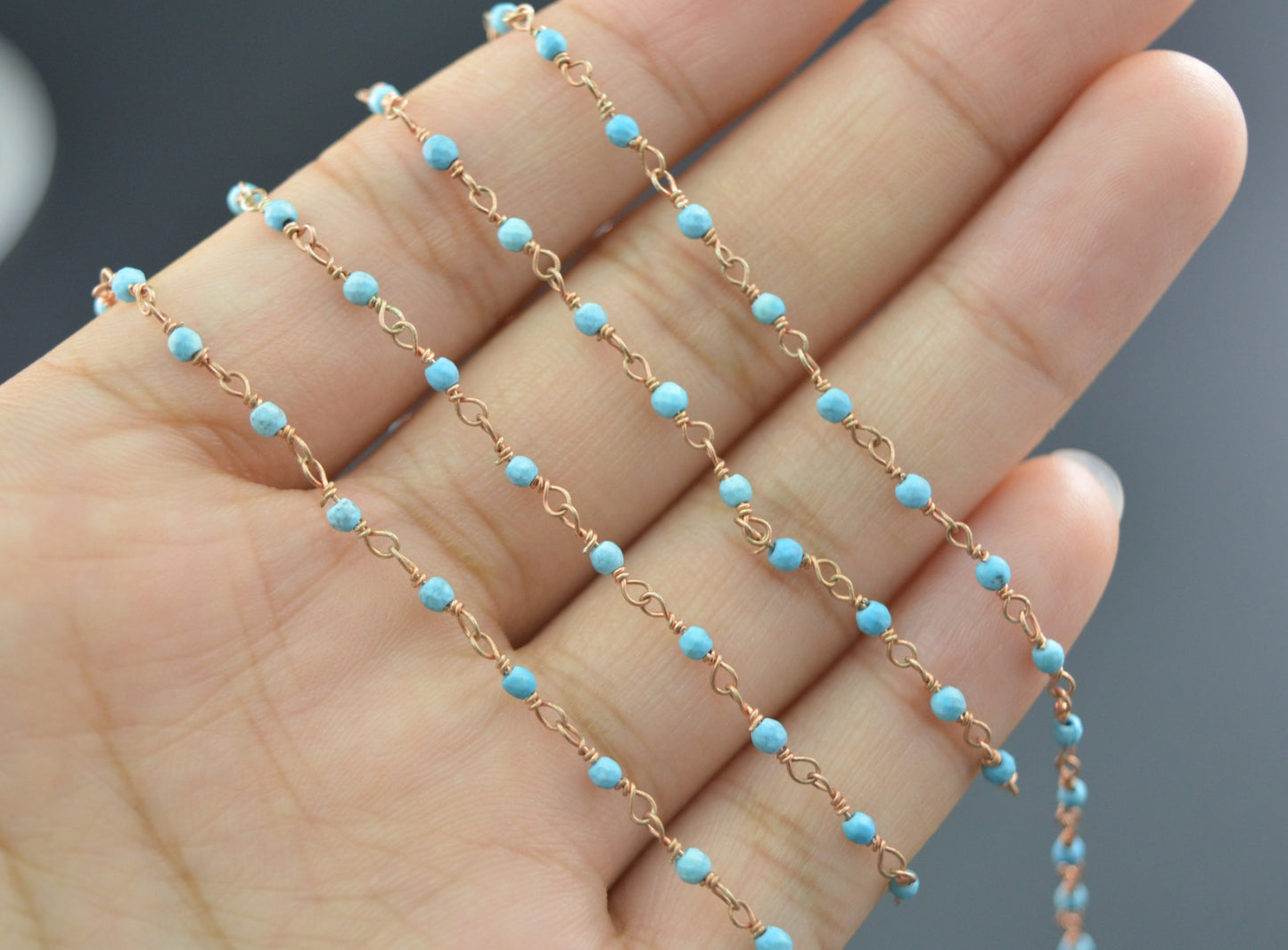 Turquoise Rosary Chain - 925 Silver Gold, 2mm