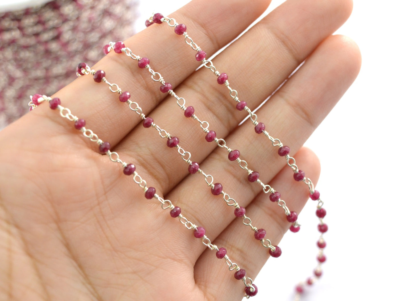 Stylish Ruby Rosary Chain in 925 Silver Gold - 2mm