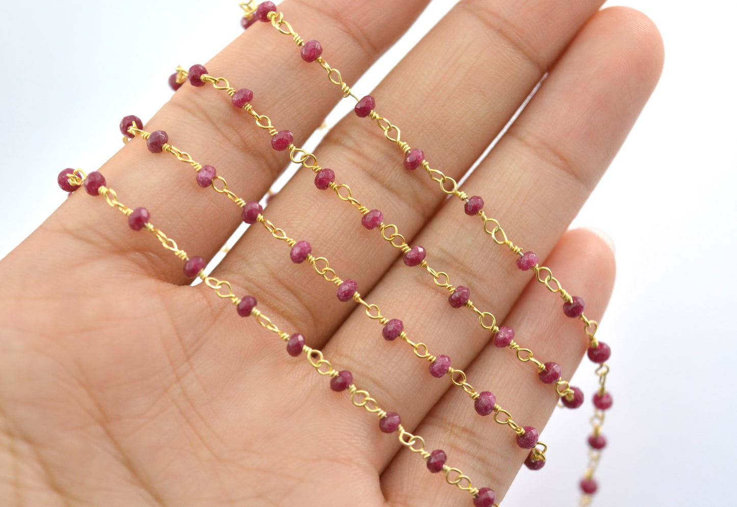 Stylish Ruby Rosary Chain in 925 Silver Gold - 2mm