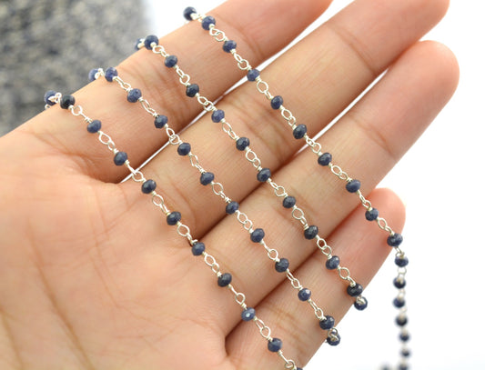 Blue Sapphire Rosary Chain, 925 Sterling Silver, 2mm Faceted - view 3