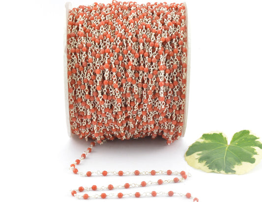 Radiant Coral Rosary Chain in 925 Silver Gold - 2mm