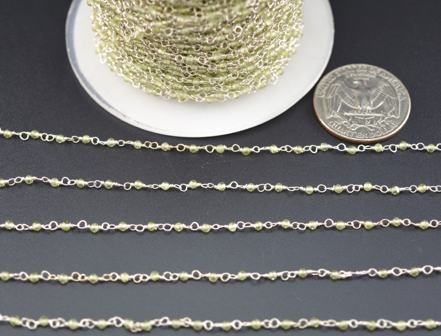 Graceful Peridot Rosary Chain in 925 Silver Gold - 2mm