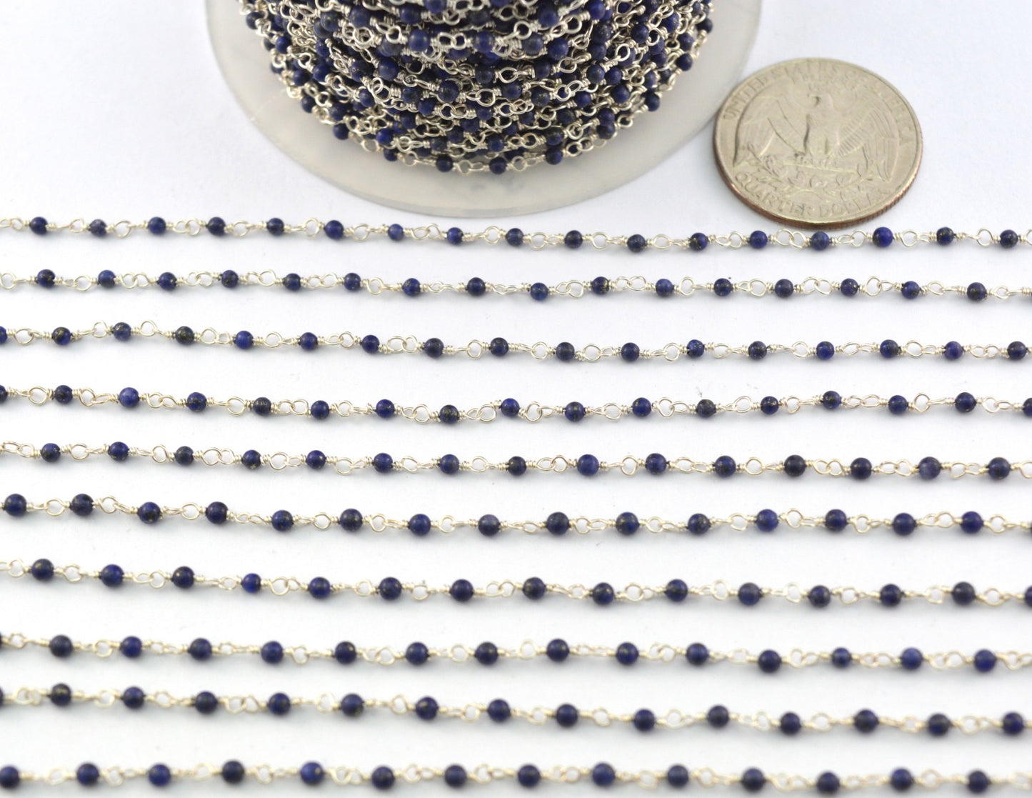 Handmade 925 Silver Gold Rosary Chain - Lapis 2mm