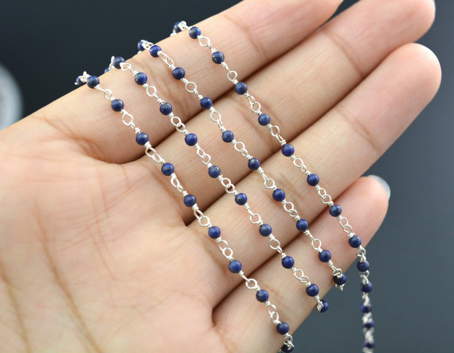 Handmade 925 Silver Gold Rosary Chain - Lapis 2mm