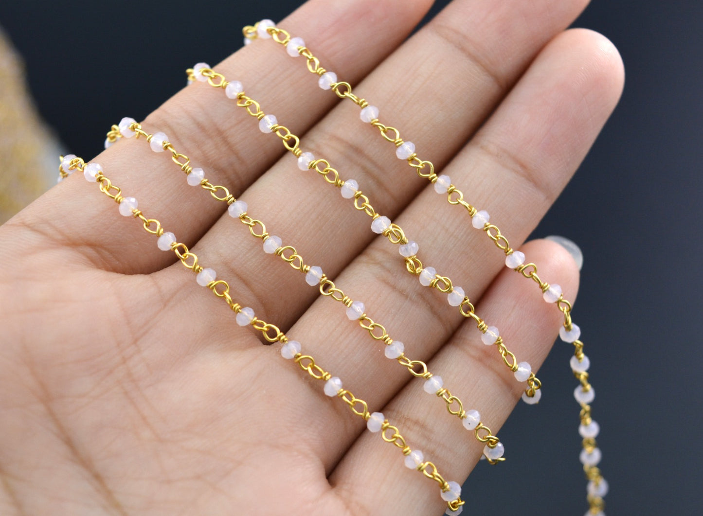 Charming Rosary Chain - Chalcedony 925 Silver Gold 2mm