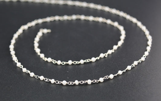 White Chalcedony Coated Rosary Chain, 925 Sterling Silver, 2mm Faceted - view 3