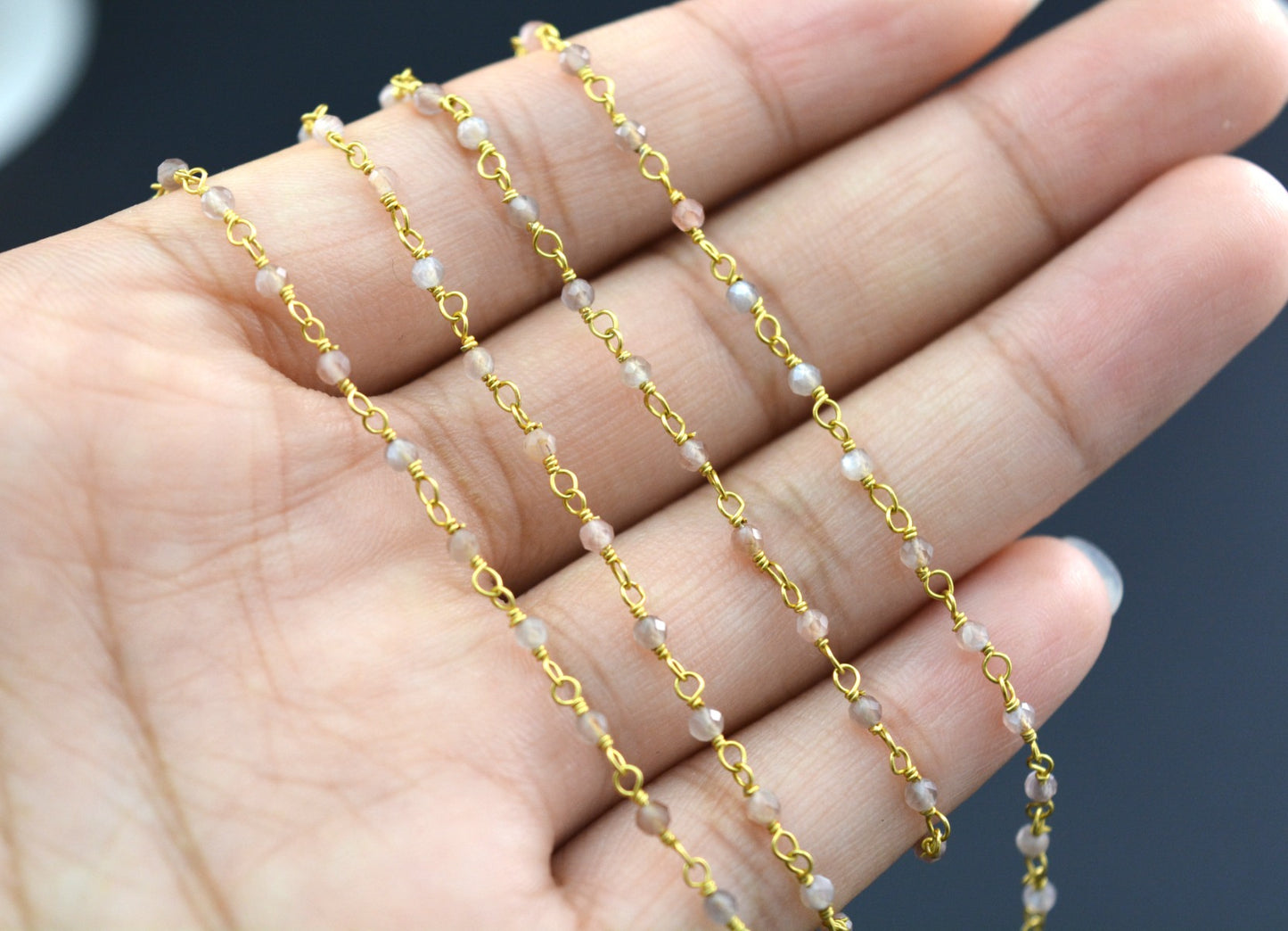 925 Silver Gold Rosary Chain with Moonstone - 2mm