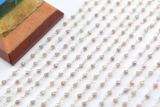 Peach Moonstone Coated Rosary Chain, 925 Sterling Silver, 2mm Faceted - view 3