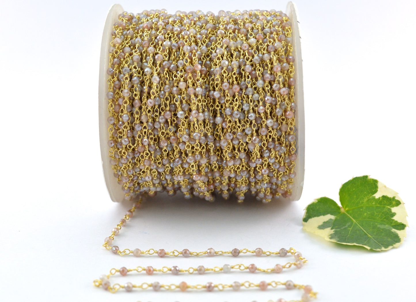 Moonstone Rosary Chain - 925 Silver Gold, 2mm