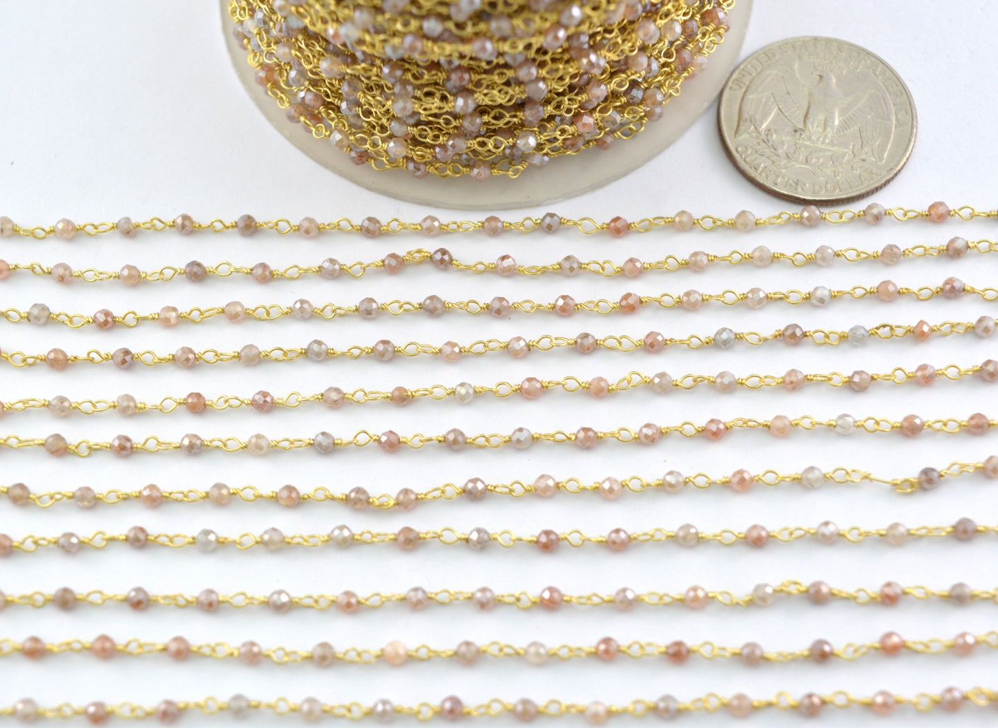 Moonstone Rosary Chain - 925 Silver Gold, 2mm