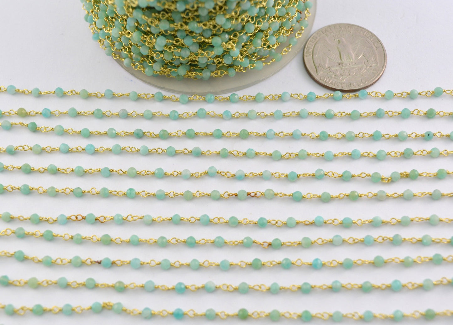 Trendy 925 Silver Gold Rosary Chain - Amazonite 2mm