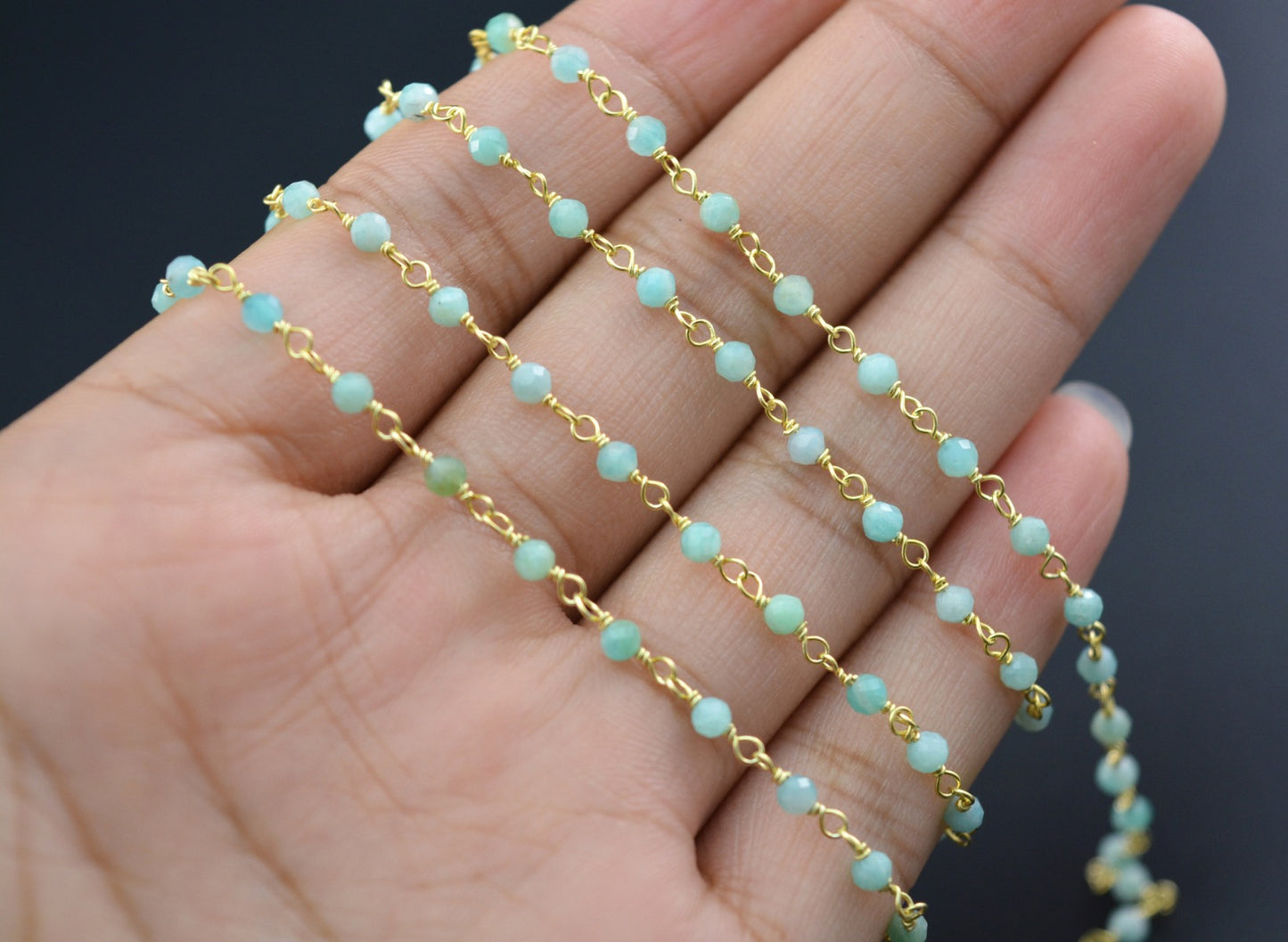 Trendy 925 Silver Gold Rosary Chain - Amazonite 2mm
