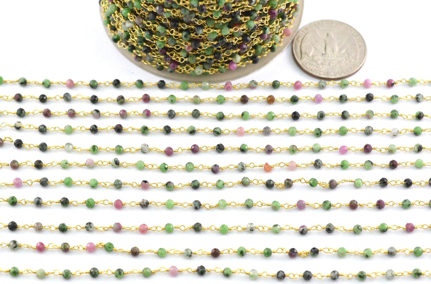 Artisan 925 Silver Gold Rosary Chain - Zoisite 2mm