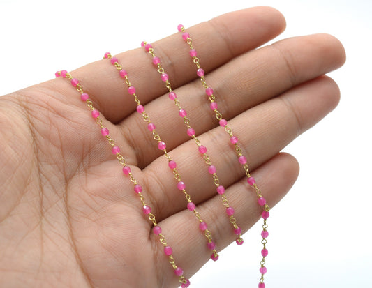 Hot Pink Jade Rosary Chain, 925 Sterling Silver, 2mm Faceted - view 3