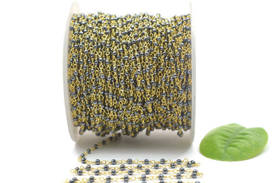 925 Silver Gold Rosary Chain with Hematite - 2mm