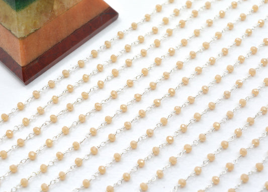 Peach Chalcedony Coated Rosary Chain, 925 Sterling Silver, 2mm Faceted - view 3