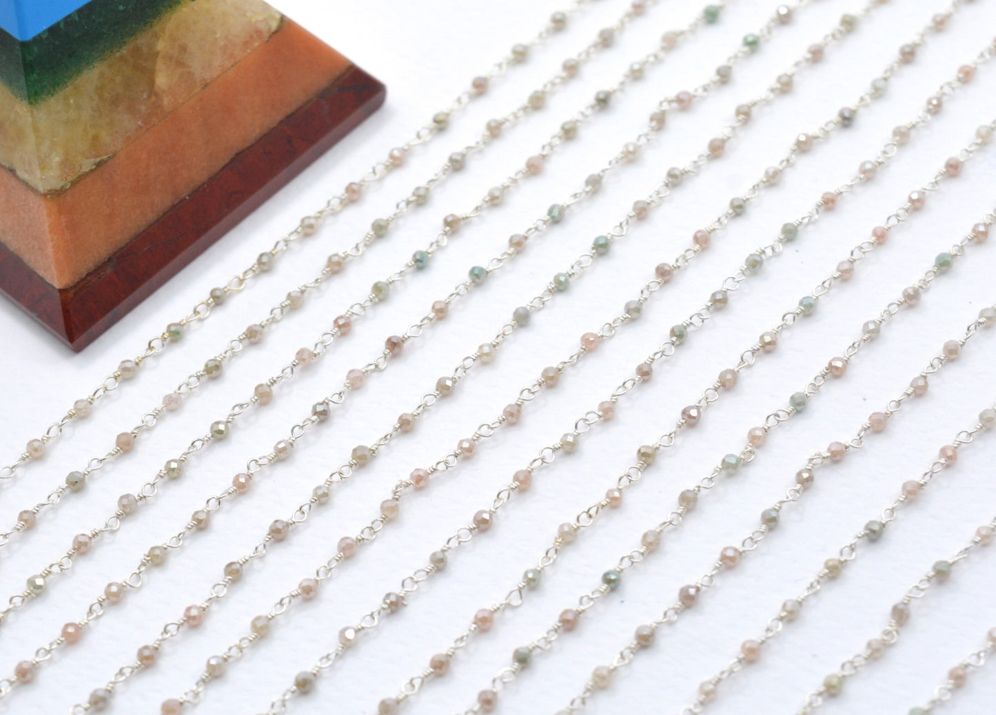 925 Gold Silver Rosary Chain with Stone - 2mm