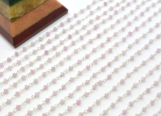 Rose Quartz Jade Rosary Chain, 925 Sterling Silver, 2mm Faceted - view 3