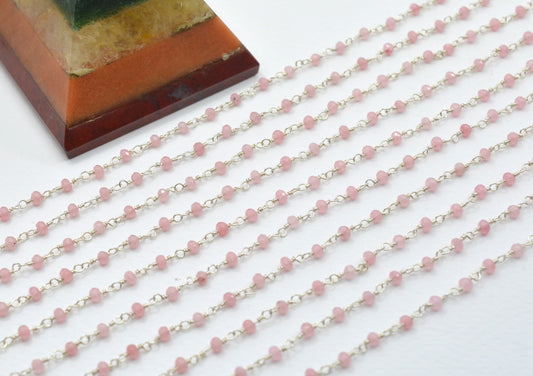 Pink Opal Jade Rosary Chain, 925 Sterling Silver, 2mm Faceted - view 3