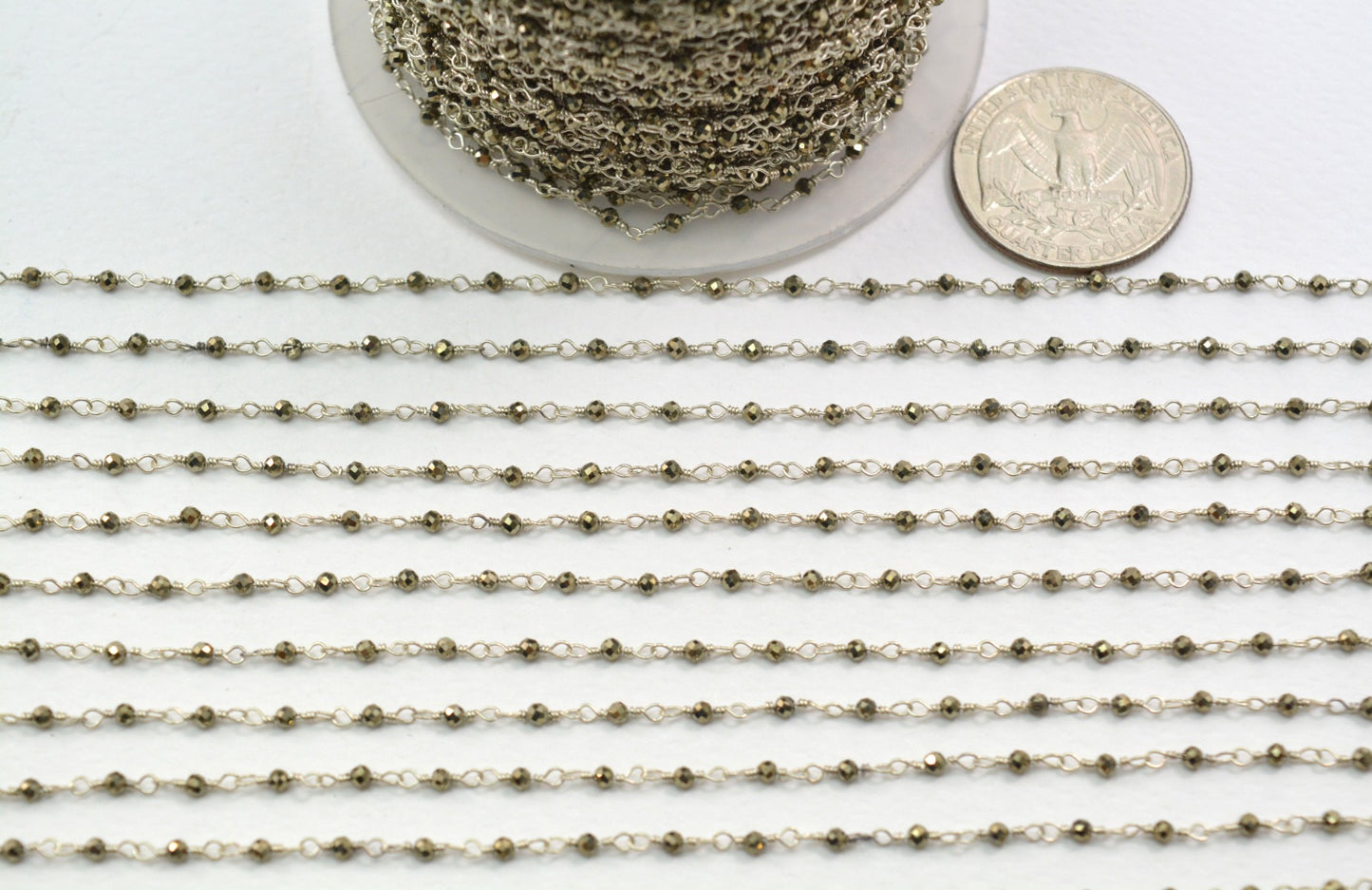 Pyrite Rosary Chain - 925 Silver Gold, 2mm