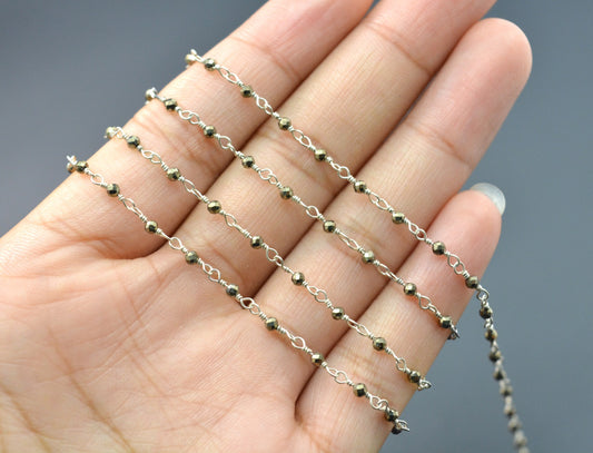 Pyrite Rosary Chain, 925 Sterling Silver, 2mm Faceted - view 3